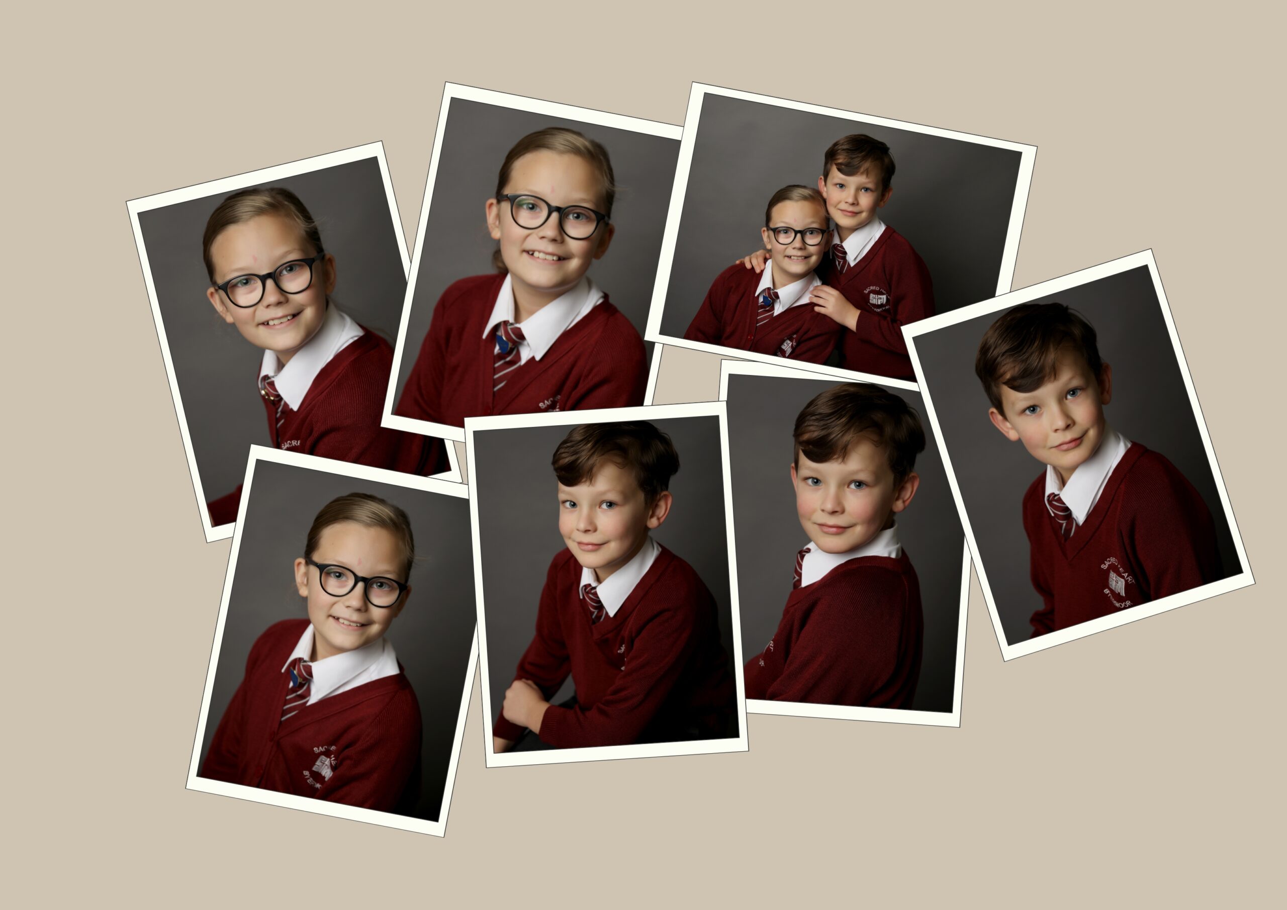 Collage of seven images of children in a burgundy school uniform  and a grey background by Primary School Photographer Gateshead, Newcastle and County Durham